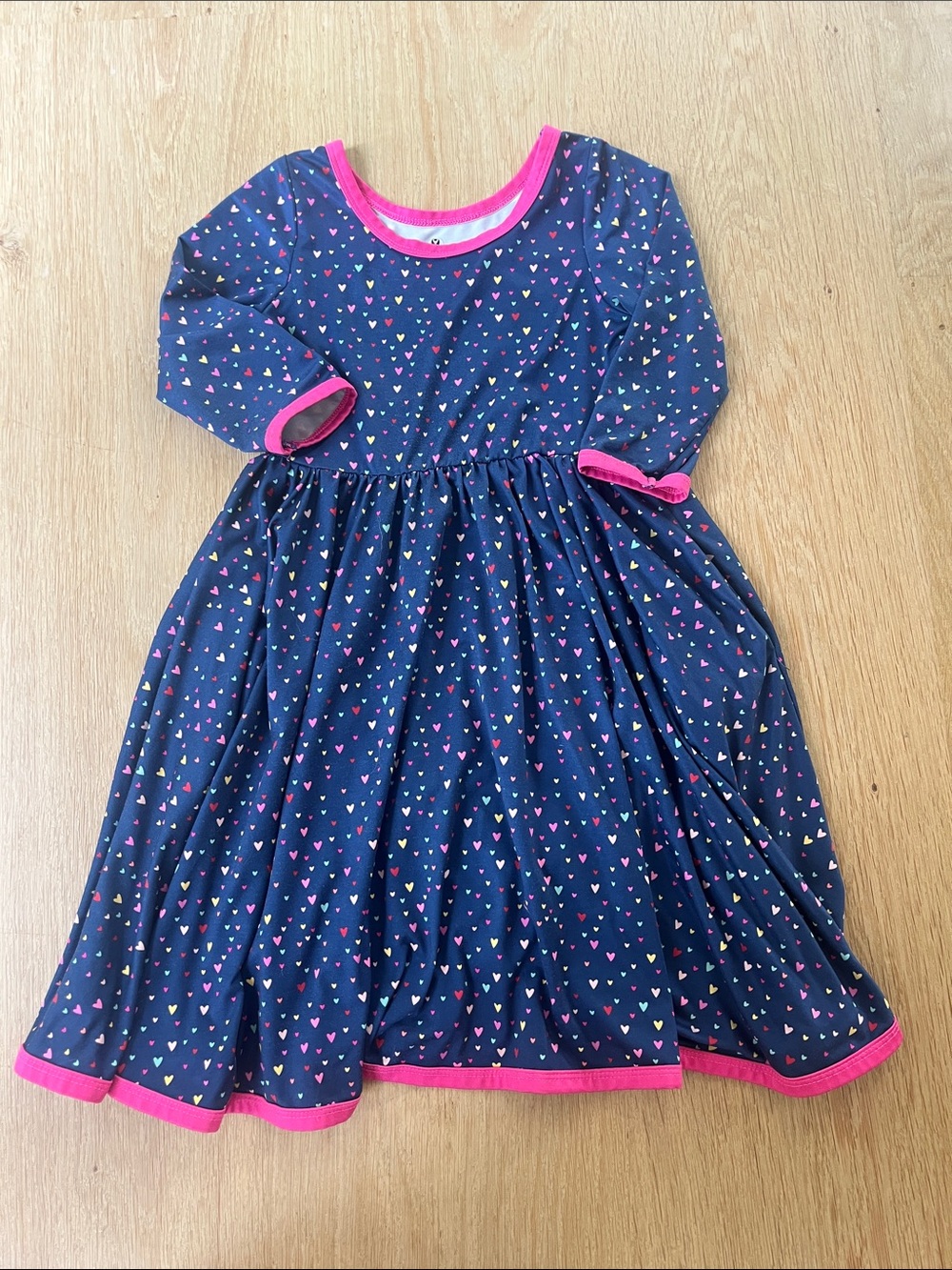Girls' Twirly Navy Heart Print Dress with Pink Trim
